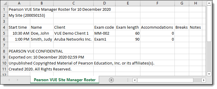 Roster exported to Microsoft Excel.